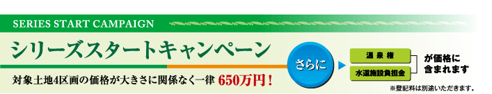 シリーズスタートキャンペーン　対象土地4区画の価格が大きさに関係なく一律650万円！